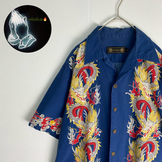 ヴィンテージ　半袖シャツ　アロハシャツ　USA製　ドラゴン　龍　XL　青　赤(シャツ)