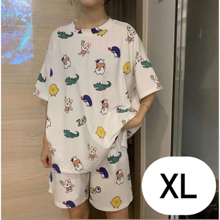 【XLサイズ】パジャマ ルームウェア 部屋着 ホワイト 白 半袖 薄手 韓国(パジャマ)