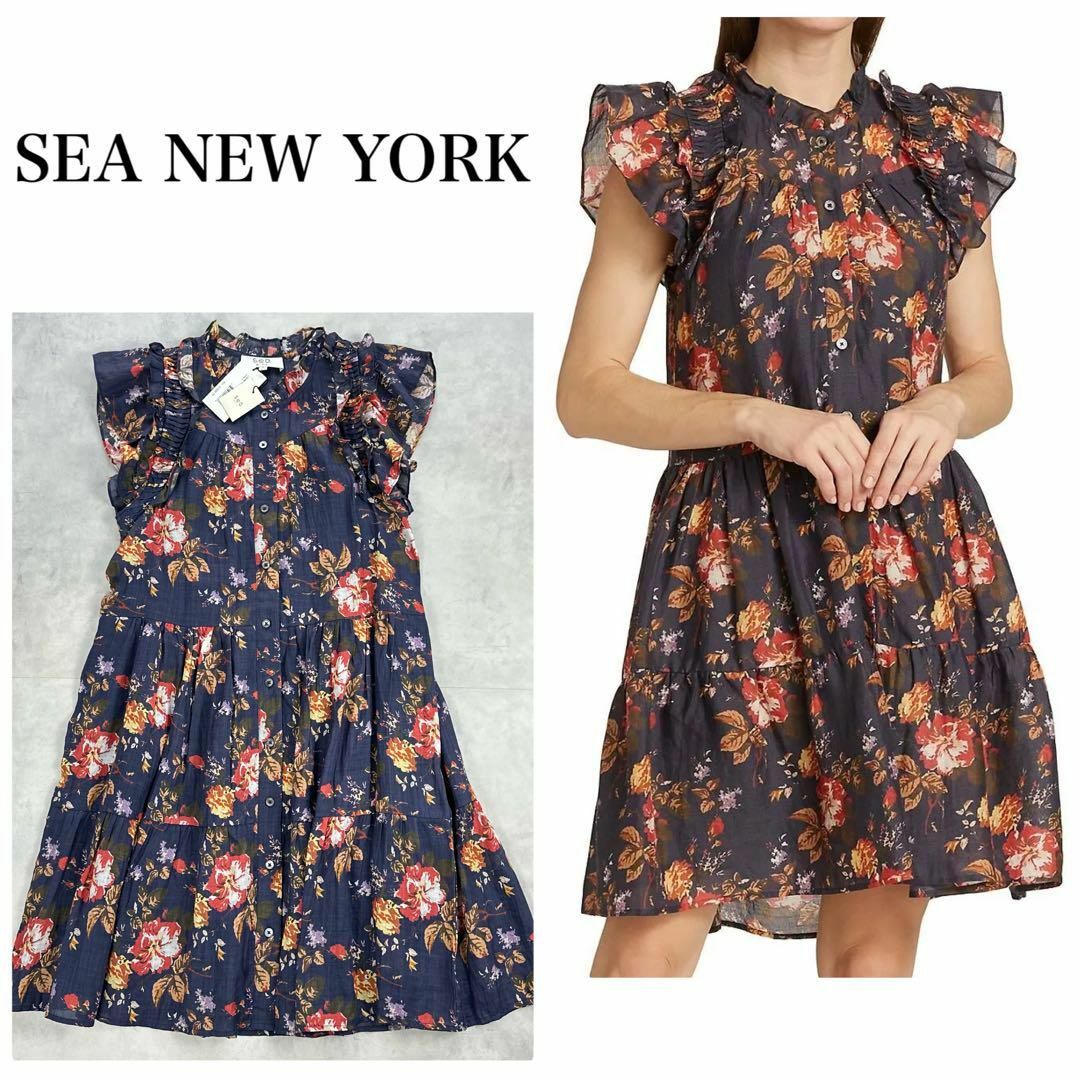 Sea New York(シーニューヨーク)の新品　シーニューヨーク　リネン　フラワープリント　ラッフルスリーブミニワンピース レディースのワンピース(ミニワンピース)の商品写真