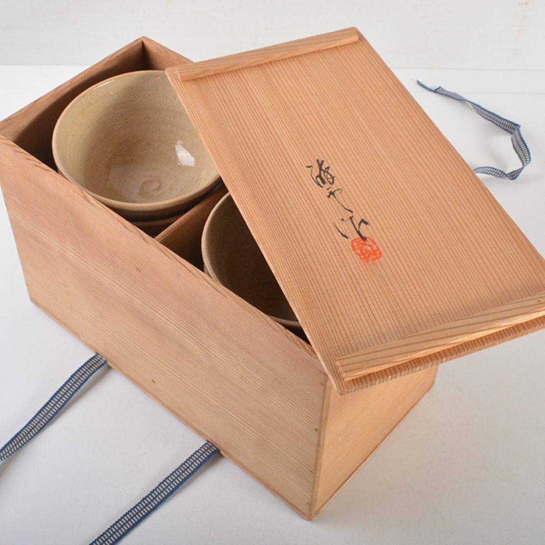 茶道具 瀬戸焼 陣出窯 澤田酔云作 井戸風 数茶碗 十客 共箱 V 茶道具 瀬戸焼 陣出窯 澤田酔云作 井戸風 数茶碗 十客 共箱 V