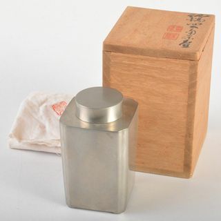 煎茶道具　静寿居蔵苑造　純錫　四入角茶壷　茶心壷　約196g　共箱　MR7194(金属工芸)