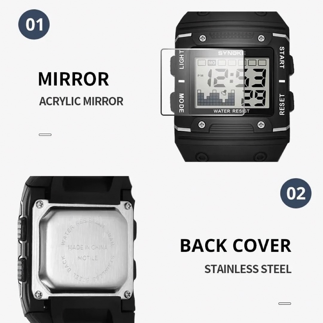 新品 SYNOKE スタイリッシュデジタルウォッチ メンズ腕時計 ブラック 38 メンズの時計(腕時計(デジタル))の商品写真