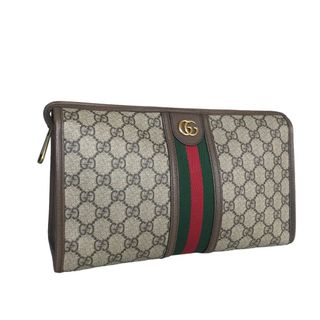 グッチ(Gucci)のGUCCI グッチ シェリーライン セカンドバッグ クラッチバッグ メンズ GGスプリームキャンバス ブラウン グレー グリーン レッド 598234 493075 中古品【鑑定済】(セカンドバッグ/クラッチバッグ)