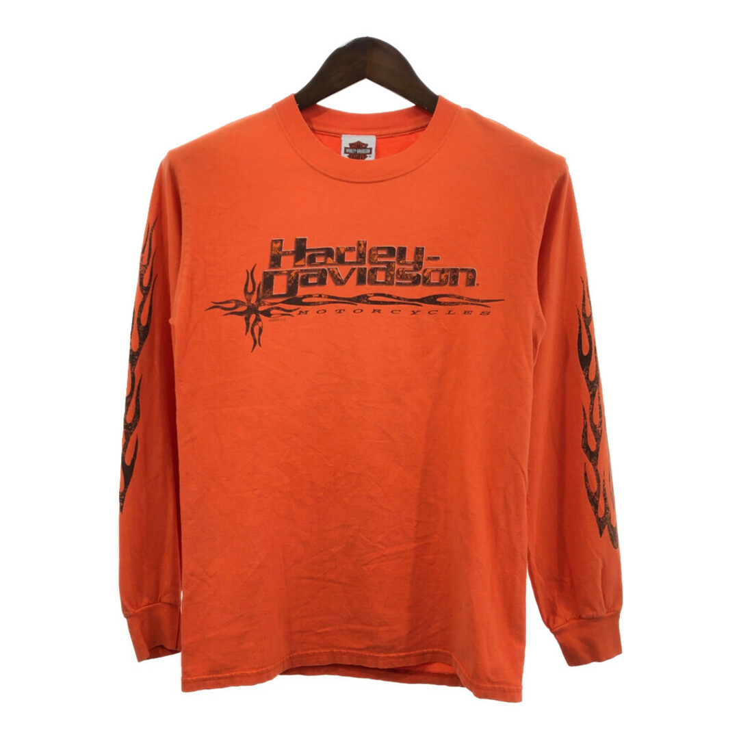 Harley Davidson(ハーレーダビッドソン)のHARLEY DAVIDSON ハーレーダビッドソン 長袖Ｔシャツ バイク 袖プリント ロゴ オレンジ (メンズ S) 中古 古着 Q7081 メンズのトップス(Tシャツ/カットソー(七分/長袖))の商品写真