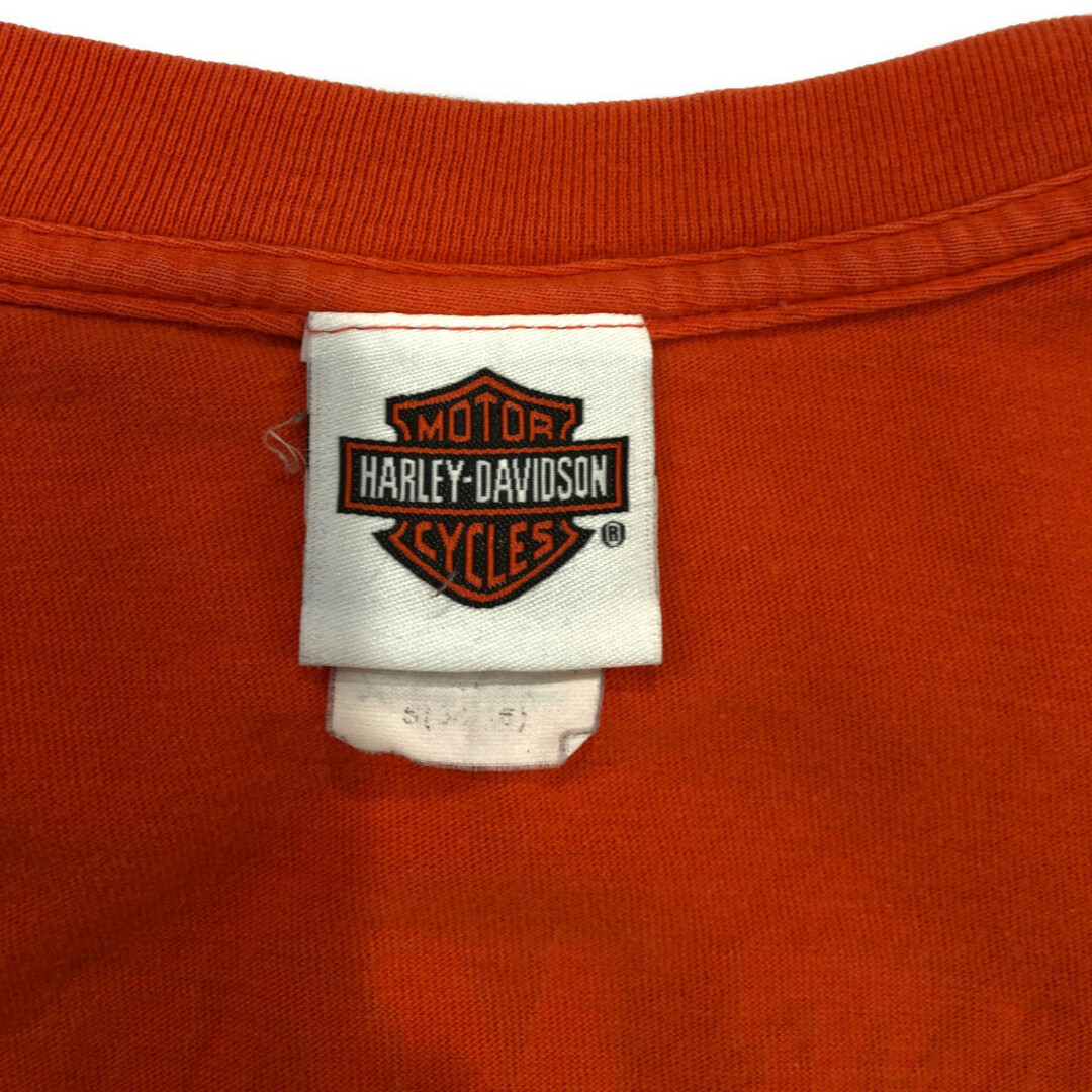 Harley Davidson(ハーレーダビッドソン)のHARLEY DAVIDSON ハーレーダビッドソン 長袖Ｔシャツ バイク 袖プリント ロゴ オレンジ (メンズ S) 中古 古着 Q7081 メンズのトップス(Tシャツ/カットソー(七分/長袖))の商品写真