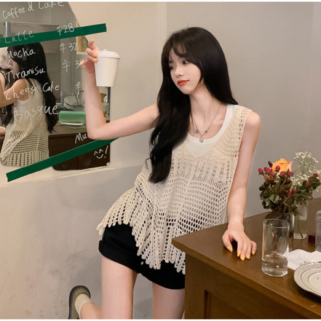 ビスチェ かぎ針編み 体型カバー フリーサイズ ニットトップ 韓国 重ね着 レディースのトップス(ベスト/ジレ)の商品写真