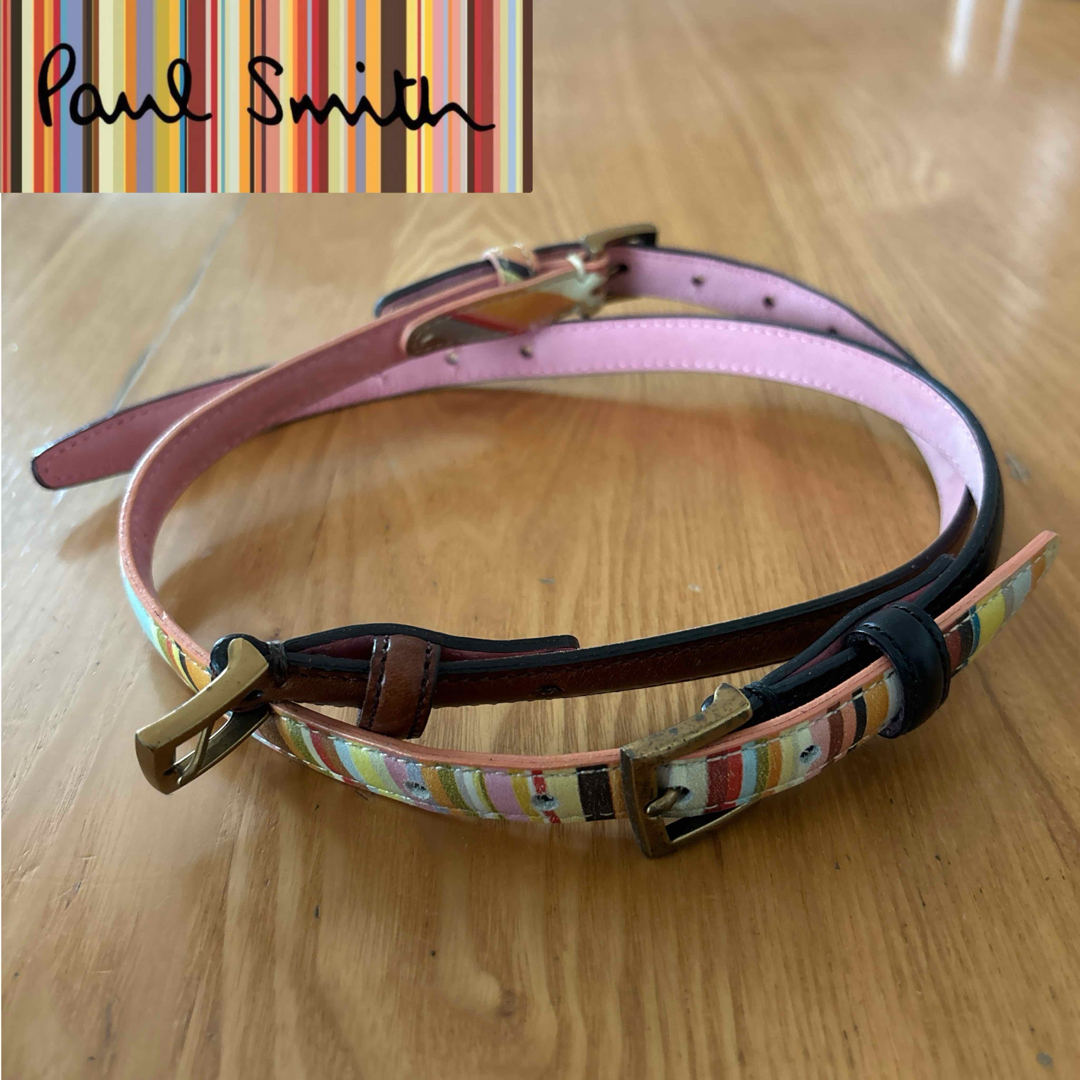 Paul Smith(ポールスミス)のPaul Smith マルチストライプ 3連 ナローベルト レザー ピンク レディースのファッション小物(ベルト)の商品写真