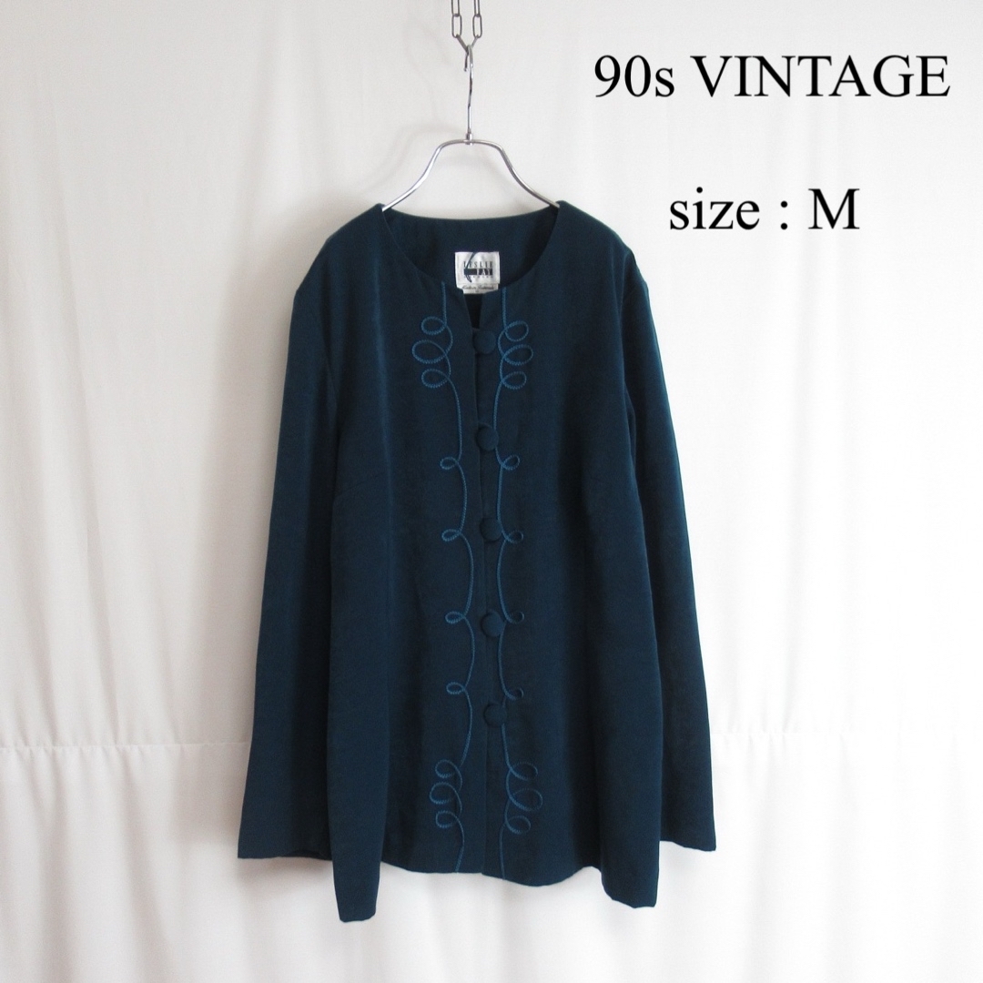 ART VINTAGE(アートヴィンテージ)の90s VINTAGE ノーカラー デザイン ポリ シャツ トップス M レトロ レディースのトップス(シャツ/ブラウス(長袖/七分))の商品写真