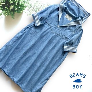 BEAMS BOY - ビームスボーイ コットン セーラー ワンピース チュニック 刺繍 半袖 ブルー