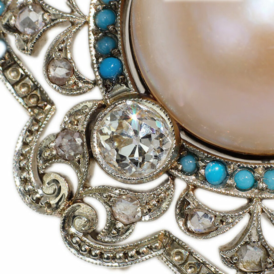 K14WG マベ 真珠/パール トルコ石 オールドカットダイヤモンド 帯留め 陽刻ヴィンテージ製品 レディースのアクセサリー(ブローチ/コサージュ)の商品写真