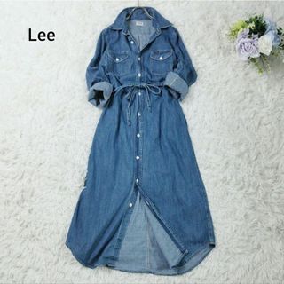 リー(Lee)の美品 Lee デニムシャツワンピース ロング ウエストリボン M ブルー(ロングワンピース/マキシワンピース)