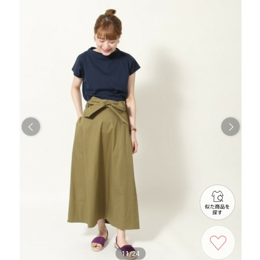 coen(コーエン)のcoen　ストレッチチノウエストリボンフレアスカート　オリーブ　Sサイズ レディースのスカート(ロングスカート)の商品写真