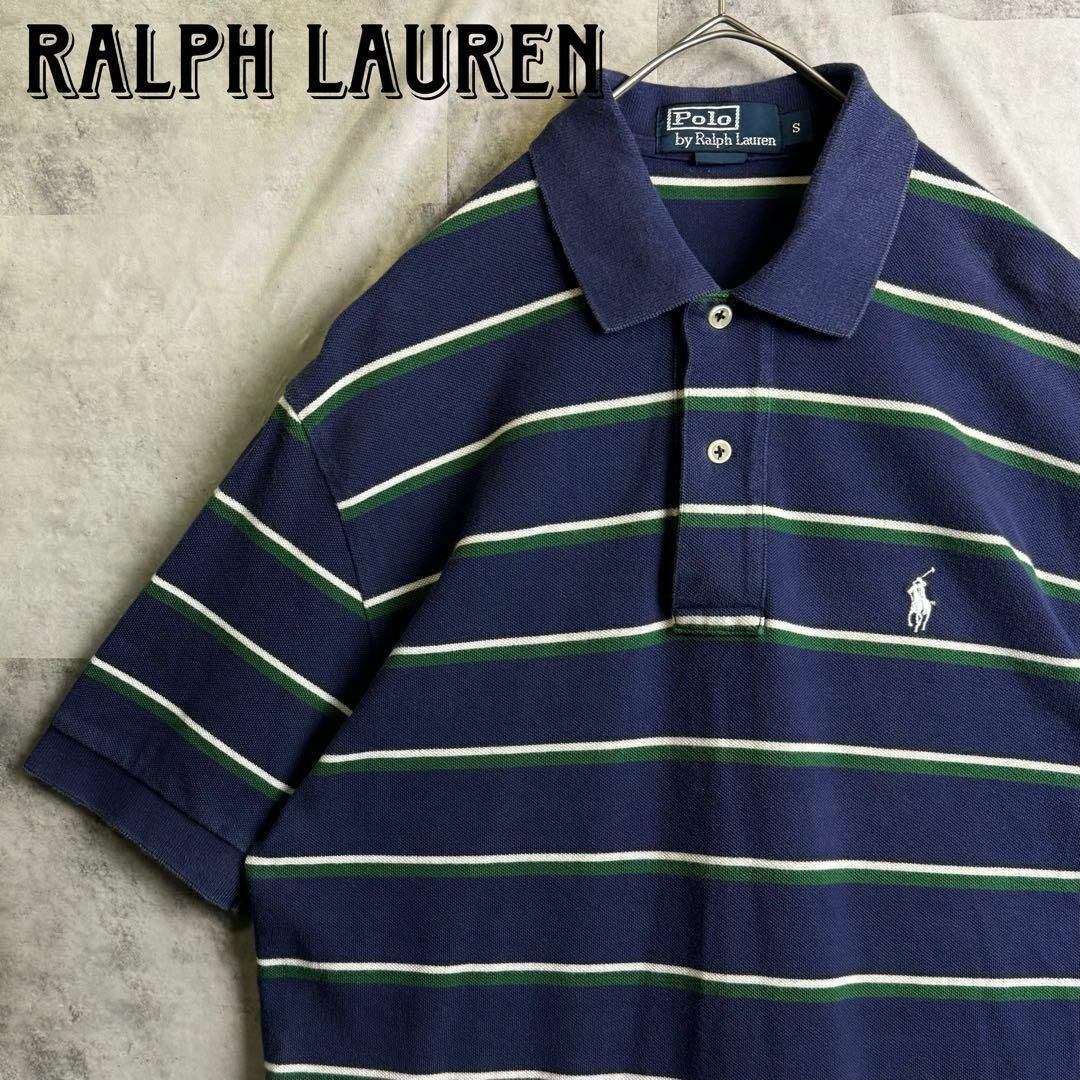 POLO RALPH LAUREN(ポロラルフローレン)の美品 90s ポロバイラルフローレン 鹿子ポロシャツ 刺繍ロゴ ボーダー 紺M メンズのトップス(ポロシャツ)の商品写真