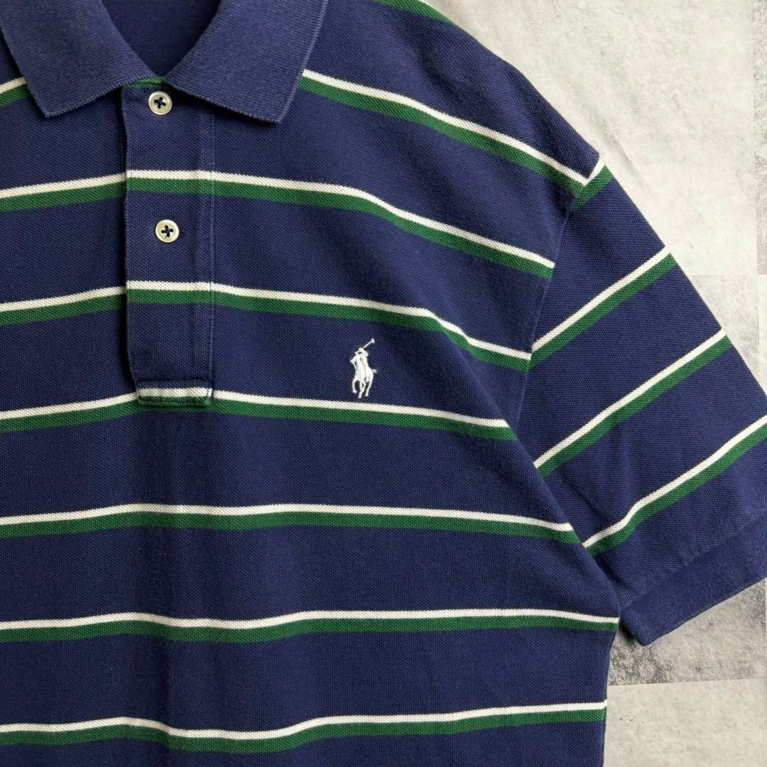 POLO RALPH LAUREN(ポロラルフローレン)の美品 90s ポロバイラルフローレン 鹿子ポロシャツ 刺繍ロゴ ボーダー 紺M メンズのトップス(ポロシャツ)の商品写真