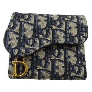 Christian Dior - ディオール Dior 財布 レディース ブランド 三つ折り財布 キャンバス レザー サドル ロータスウォレット オブリーク ジャカード ネイビー S5652CTZQ_M928 コンパクト 【中古】