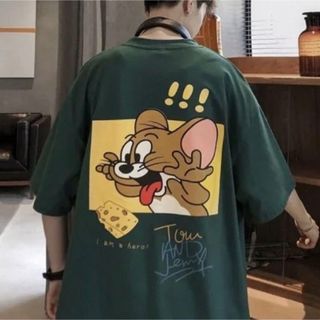 バックプリント Tシャツ トムとジェリー グリーン XL 男女兼用 おしゃれ(Tシャツ/カットソー(半袖/袖なし))