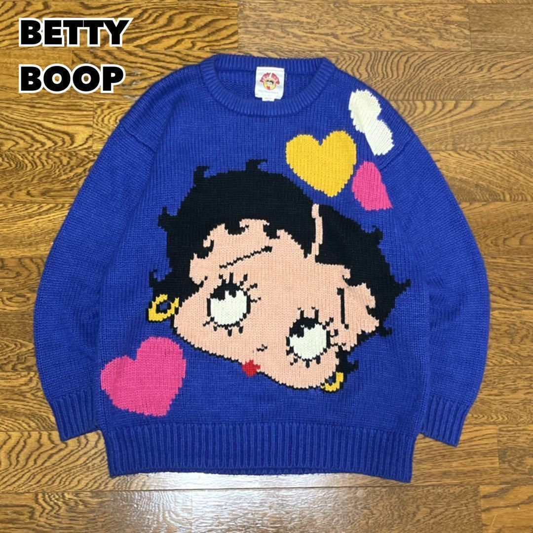 90s BETTY BOOP ベティブープ アクリルニット セーター ブルー M メンズのトップス(ニット/セーター)の商品写真