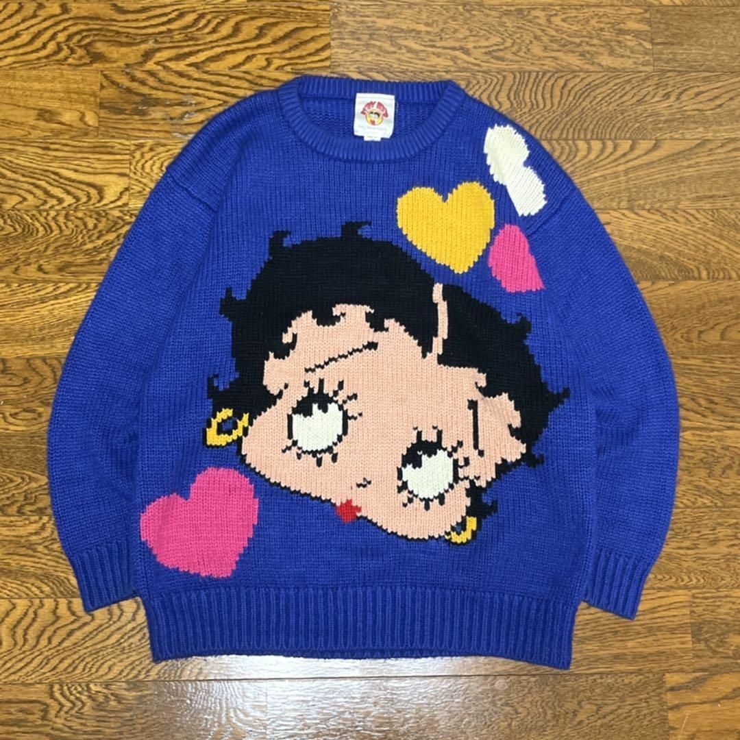 90s BETTY BOOP ベティブープ アクリルニット セーター ブルー M メンズのトップス(ニット/セーター)の商品写真