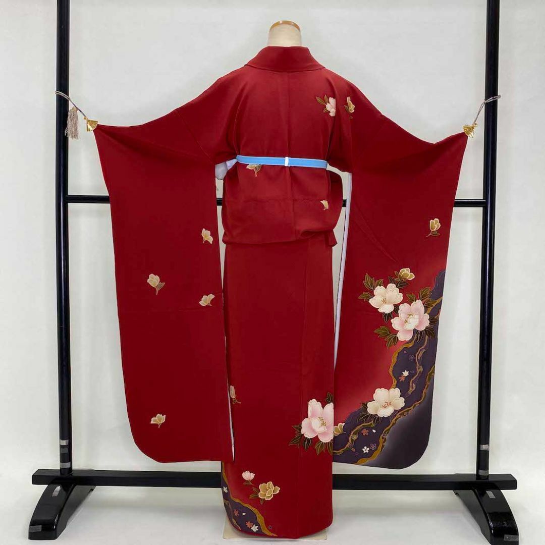 振袖 正絹 花柄 赤 紺 黒 裄66㎝ 成人式 中古 c-47 レディースの水着/浴衣(振袖)の商品写真