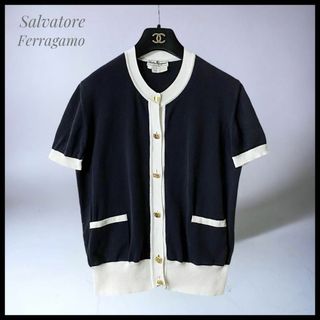 サルヴァトーレフェラガモ(Salvatore Ferragamo)の【Ferragamo】  ロゴボタン  バイカラー半袖ニットカーディガン(カーディガン)