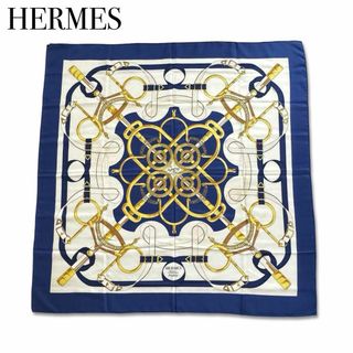 Hermes - エルメス 黄金の拍車 カレ90 シルク100 大判 スカーフ ブルー アイボリー