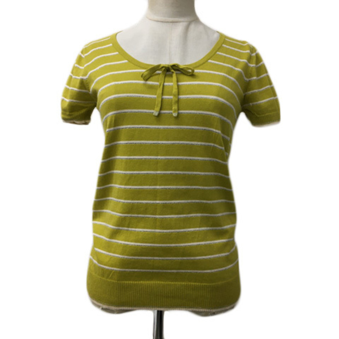ビームスライツ カットソー ニット ボーダー ラメ リボン 半袖 黄緑 白 レディースのトップス(カットソー(半袖/袖なし))の商品写真