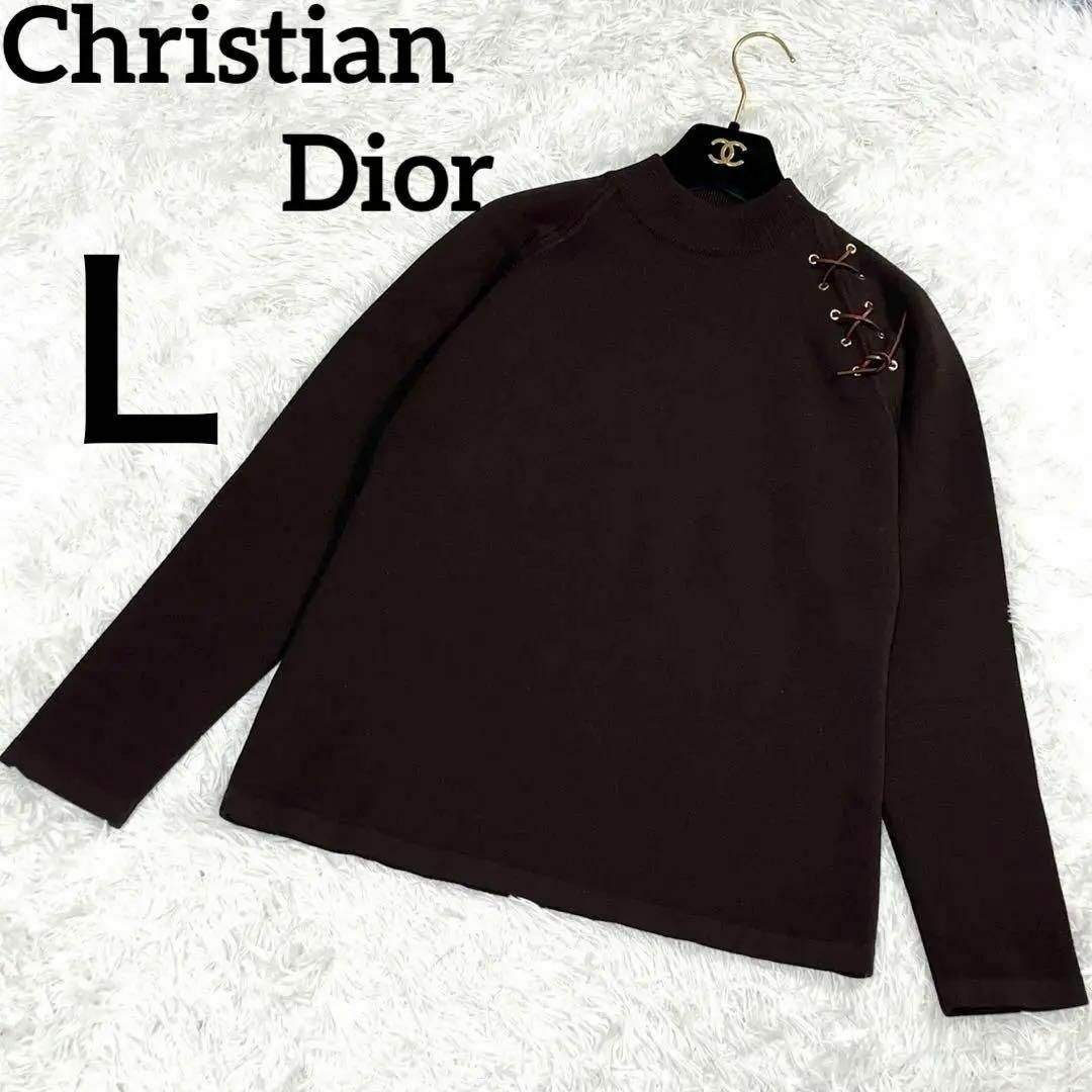 Christian Dior(クリスチャンディオール)のクリスチャンディオール　Ｌ　ニット　セーター　モックネック　レザー紐 ウール レディースのトップス(ニット/セーター)の商品写真