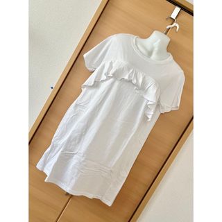 [新品未使用] 胸元フリル Ａライン チュニックＴシャツ／ロング丈  Ｌサイズ(Tシャツ(半袖/袖なし))