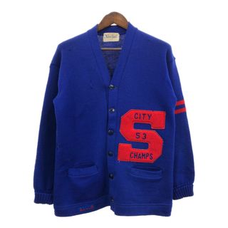 50年代 NOVEL KNIT ウール レタード カーディガン ヴィンテージ カレッジ ブルー (メンズ L相当) 中古 古着 Q7160(カーディガン)