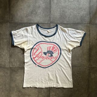 メジャーリーグベースボール(MLB)の70s リンガーtシャツ USA製 ホワイト L ニューヨークヤンキース(Tシャツ/カットソー(半袖/袖なし))