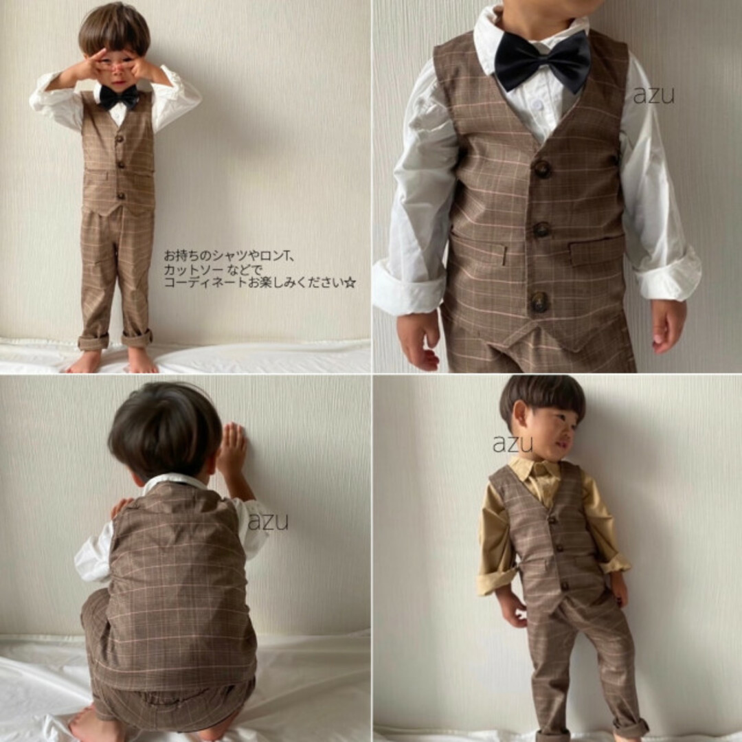 キッズ 子供 スーツ 100 セットアップ フォーマル お洒落 かっこいい 茶 キッズ/ベビー/マタニティのキッズ服男の子用(90cm~)(ドレス/フォーマル)の商品写真