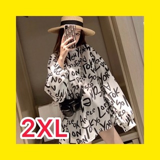 ホワイト　白色　白　柄シャツ　シャツ　レディース　2XL(シャツ/ブラウス(長袖/七分))