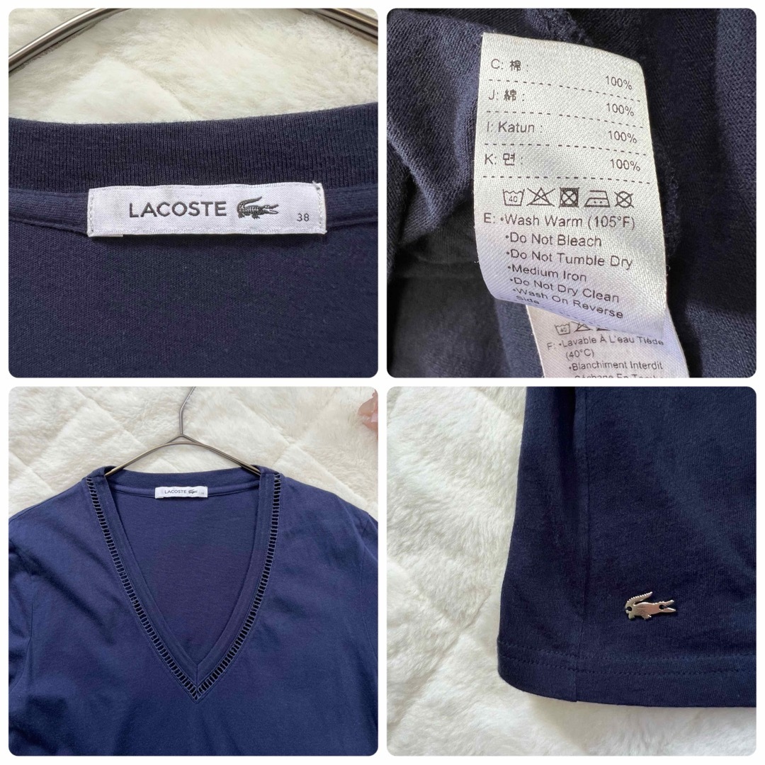 LACOSTE(ラコステ)のLACOSTE ラコステ　Vネック透かしデザインTシャツ38M★ダークネイビー紺 レディースのトップス(Tシャツ(半袖/袖なし))の商品写真