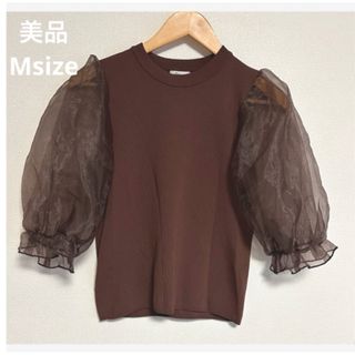 【翌日発送】美品☆パフスリーブ袖切り返しレーストップス ブラウン茶 半袖 M(シャツ/ブラウス(半袖/袖なし))