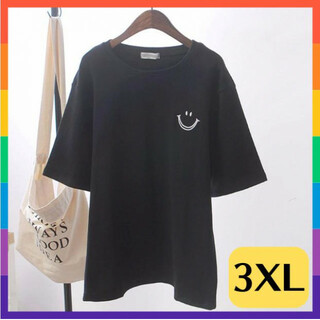 スマイル ワンポイント Tシャツ ゆったり 大きめ オーバーサイズ 黒 3XL(Tシャツ(半袖/袖なし))