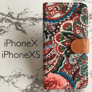 手帳型iPhoneX/iPhoneXS専用 ケースカバー 牡丹レッド(iPhoneケース)