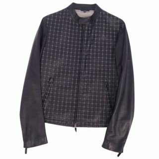 美品 ジョルジオアルマーニ GIORGIO ARMANI ジャケット レザージャケット ジップアップ 総柄 ラムレザー メンズ 48 黒