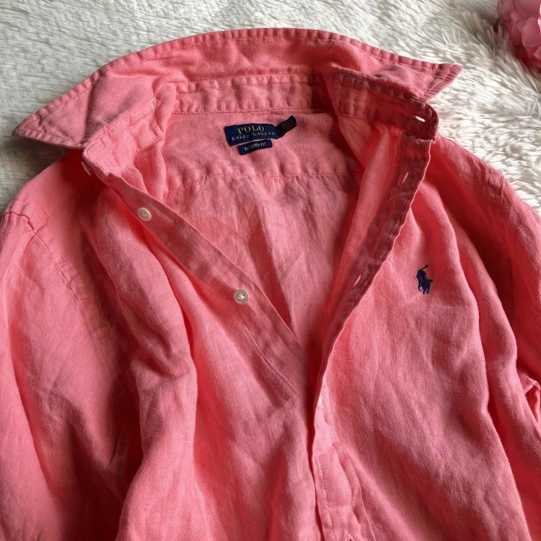 POLO RALPH LAUREN(ポロラルフローレン)のリネン100%★ポロラルフローレン 長袖シャツ リネンシャツ 現行タグ ピンク レディースのトップス(シャツ/ブラウス(長袖/七分))の商品写真