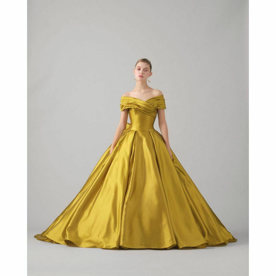 カラードレス マスタードイエロー オフショルダー 取り外リボン プリンセス レディースのフォーマル/ドレス(ウェディングドレス)の商品写真