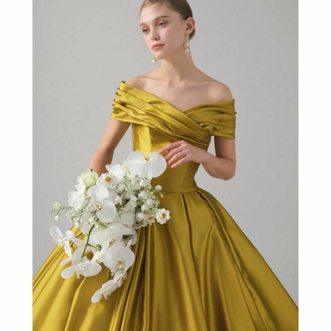 カラードレス マスタードイエロー オフショルダー 取り外リボン プリンセス レディースのフォーマル/ドレス(ウェディングドレス)の商品写真