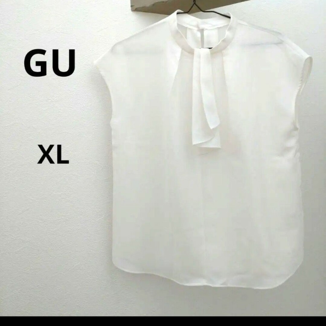 GU(ジーユー)の【ジーユー】ボウタイブラウス　フレンチスリーブ　白　大きめサイズ　XL レディースのトップス(シャツ/ブラウス(半袖/袖なし))の商品写真