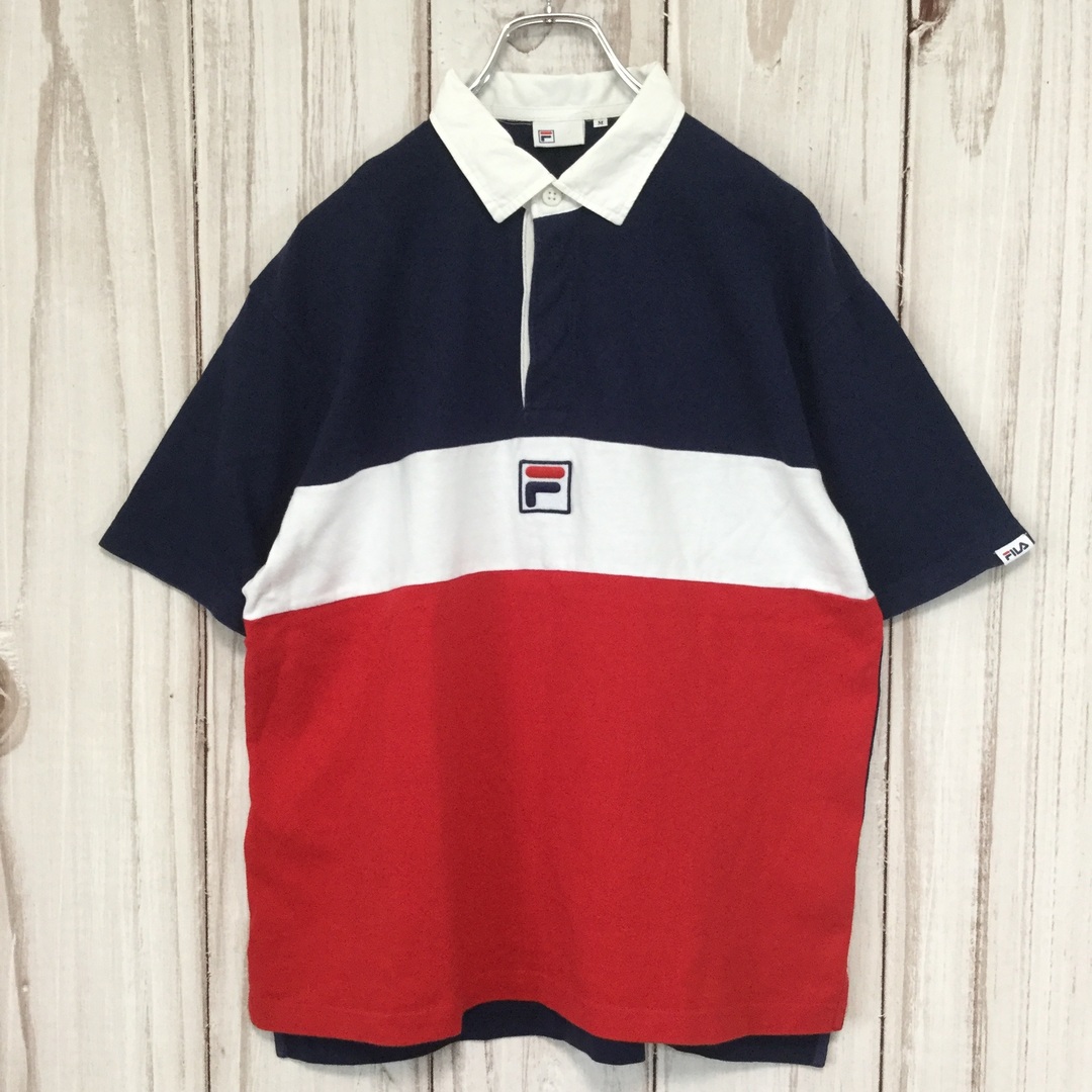 FILA(フィラ)の【フィラ 半袖ラガーシャツ】トリコカラー 太ボーダー ロゴ刺繍 M 古着 メンズのトップス(ポロシャツ)の商品写真