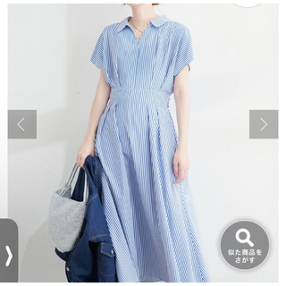 natural couture - 涼しげスキッパー衿お上品ワンピース　シャツワンピ　ストライプ