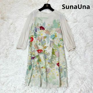 SunaUna 花柄 ワンピース 袖プリーツ 七分丈 フラワー 水彩画タッチ