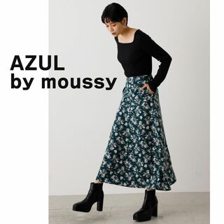 アズールバイマウジー(AZUL by moussy)のAZUL by moussy　ロングスカート　花柄　バラ柄　ティアード　緑(ロングスカート)