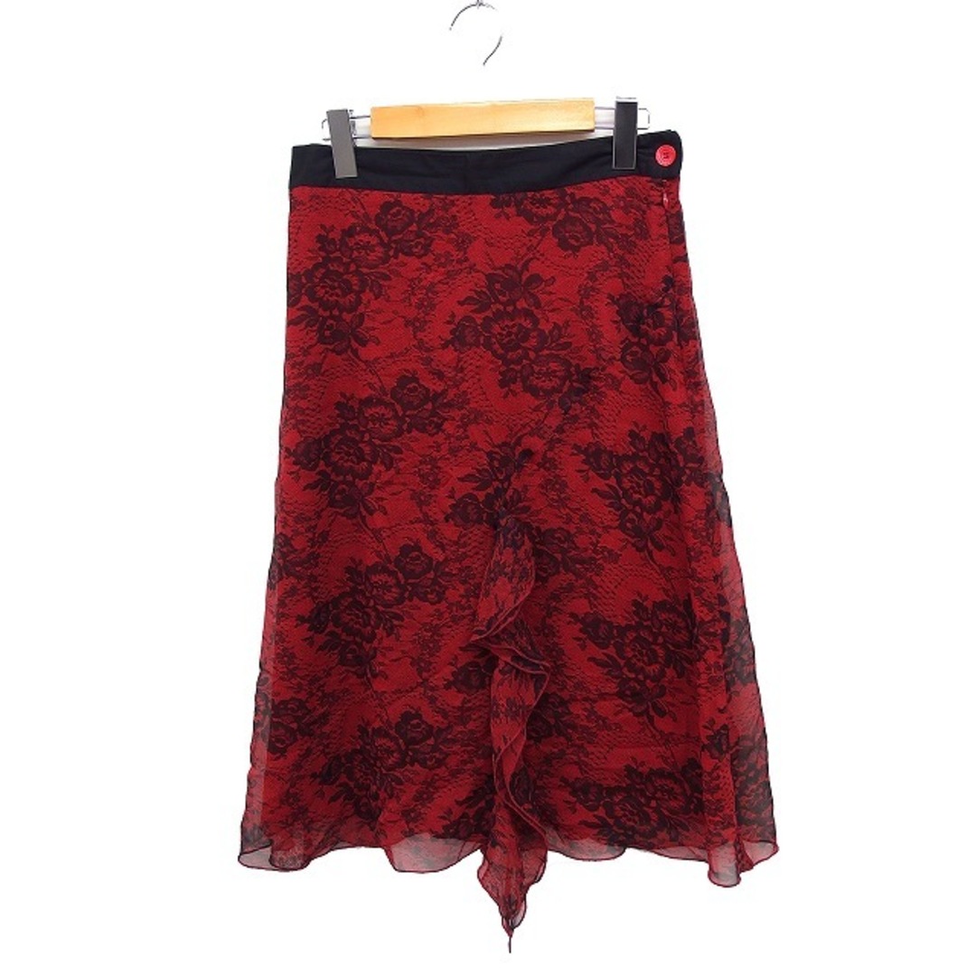 KOOKAI(クーカイ)のクーカイ KOOKAI フラワープリント フレアスカート ひざ下丈 ドレープ 赤 レディースのスカート(ひざ丈スカート)の商品写真