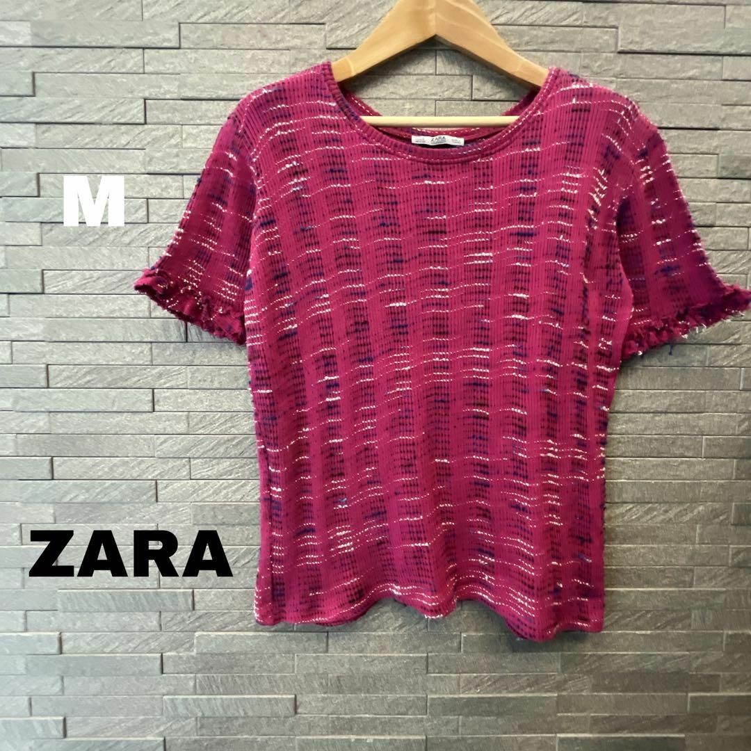 ZARA(ザラ)のザラ ZARA ジャガードTシャツ 半袖トップス カットソー　チェリーピンク　M レディースのトップス(カットソー(半袖/袖なし))の商品写真