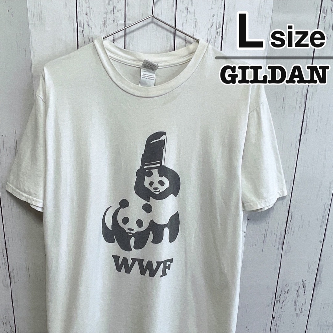 GILDAN(ギルタン)のUSA古着　GILDAN　Tシャツ　L　ホワイト　パンダ　アニマル柄　WWF メンズのトップス(Tシャツ/カットソー(半袖/袖なし))の商品写真