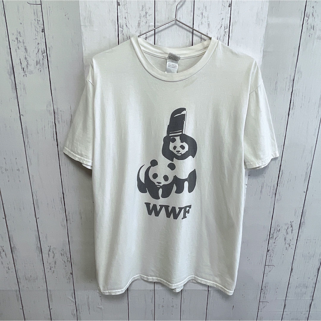 GILDAN(ギルタン)のUSA古着　GILDAN　Tシャツ　L　ホワイト　パンダ　アニマル柄　WWF メンズのトップス(Tシャツ/カットソー(半袖/袖なし))の商品写真