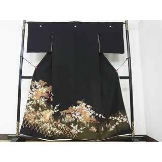 平和屋2■豪華黒留袖　駒刺繍　寿光織　御所車人物草花文　金糸　逸品　DAAC7603ud(着物)